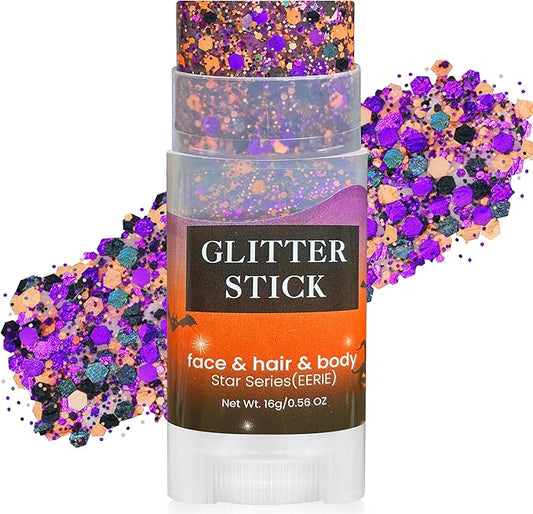 MEICOLY Black Purple and Orange Face Glitter Stick,Halloween Hair Glitter Stick for Kids and Women,Sparkle Chunky Body Glitter Makeup for Party Festival