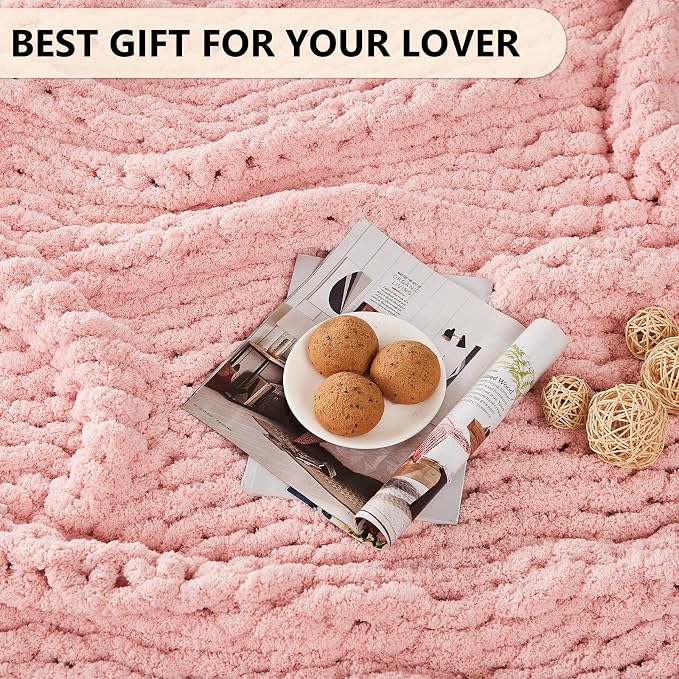 L'AGRATY Chunky Knit Throw Blanket for Couch, 40'' x 50'' Knit Throw, Pink | Handmade Chenille Crochet Blanket for Sofa Bed, Thick Cable Knitted Blankets for Room Home Decor, Birthday Gift for Women Mom