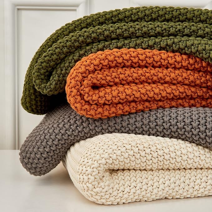 Chunky Cable Knit Throw Blanket Lightweight Burnt Orange 100% Organic Cotton Blanket for Sofa Couch Bed Baby Nursery, Rustic Shabby Chic Modern Farmhouse, 51” x 63” Give Laundering Bag