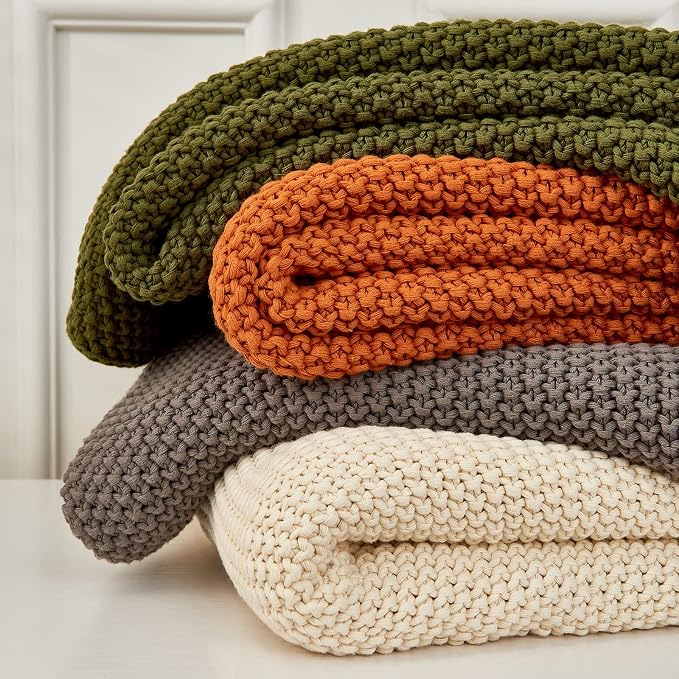 Chunky Cable Knit Throw Blanket Lightweight Cream 100% Organic Cotton Blanket for Sofa Couch Bed Baby Nursery, Rustic Shabby Chic Modern Farmhouse, 51” x 63” Give Laundering Bag