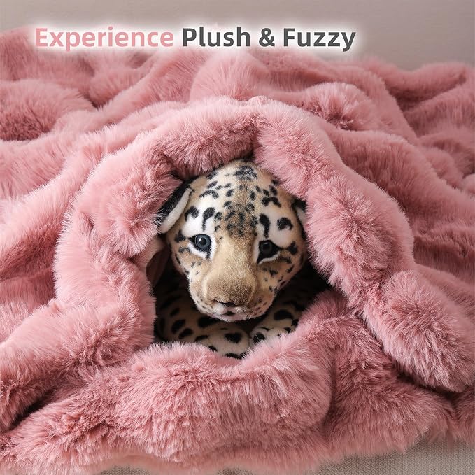 Faux Rabbit Fur Throw for Couch - Old Pink Bubble Blanket 50"x60" | Fluffy Plush Fuzzy Throw for Sofa & Bed, Super Soft Cozy Comfrt Blanket, Luxury Aesthetic Pink Decor Gift for Women