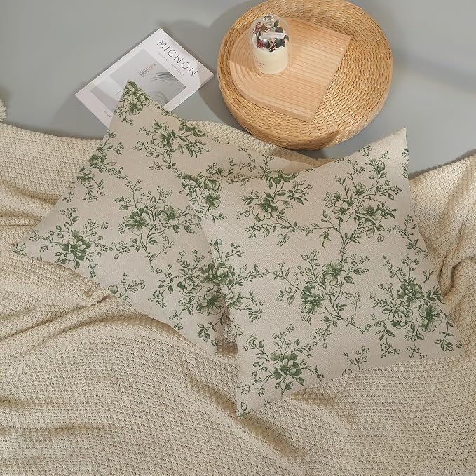 Sage Green and Cream Flower Pillow Covers 18x18 Set of 2 Chinoiserie Floral Decorative Throw Pillows Vintage Toile Flower Pillowcase Linen Outdoor Farmhouse Cushion Cover for Couch Sofa Decor