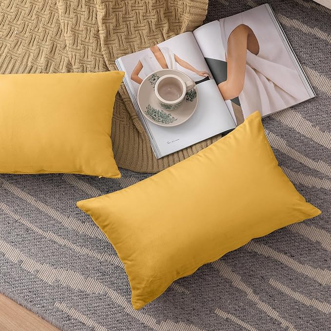 NiNi ALL Yellow Velvet Throw Pillow Covers 12x20 Pack of 2 Decorative Couch | Soft Solid Cushion Squar Pillow Cases for Chair Sofa Bedroom Farmhouse Living room Modern Luxury Home Decor Fall Halloween