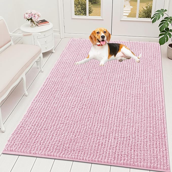 OLANLY Dog Door Mat for Muddy Paws 59x35, Extra Absorbent Chenille Mud Mat | Dusty Rose, Absorbs Moisture and Dirt, Non-Slip Machine Washable Doormat, Quick-Drying Indoor Entryway Floor Mat for Dogs