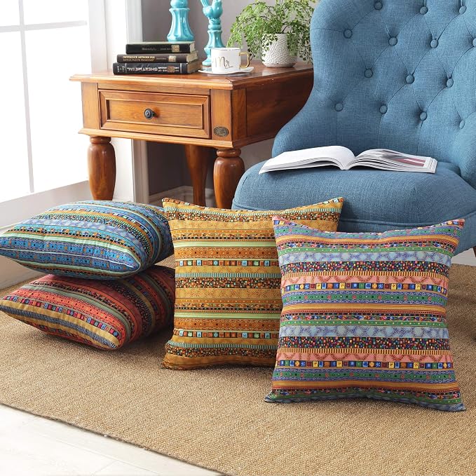 TAOSON Red Stripe Bohemian Style Antique Cotton Blend Linen Sofa Throw Pillowcase Cushion Cover Pillow Cover with Hidden Zipper Closure Only Cover No Insert 18x18 Inch 45x45cm