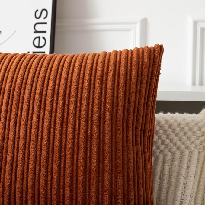 UGASA Fall 12x24 Inch Pillow Cover Pack of 1 Soft Boho Stripe Corduroy Long Rectangle Lumbar Cushion Case Farmhouse Decorative Throw Pilowcase for Bed, Couch, Sofa, Bedroom, Living Room, Burnt Orange