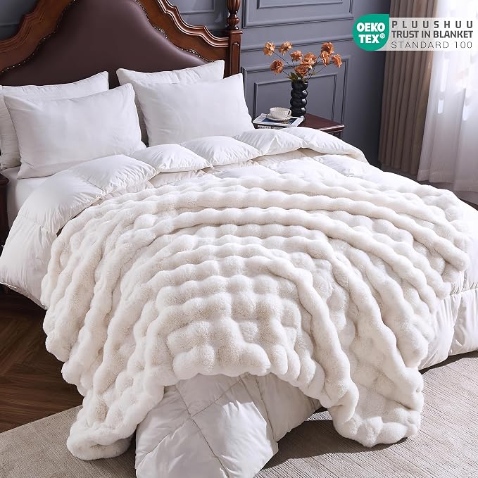 Faux Fur Throw Blanket for Couch, Fluffy Fuzzy Plush Bubble Blanket, Soft Warm Cozy Shaggy Rabbit Blanket, Luxury Decorative Gifts for Sofa Bedroom Living Room, 60x50inch (Beige)