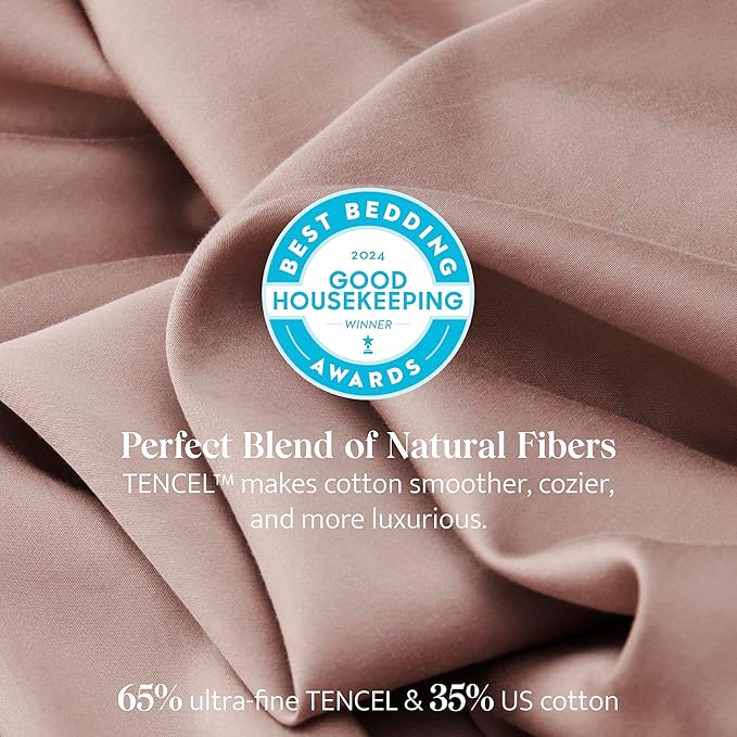 Double Stitch Cotton Tencel Sheet - Bed Sheets Set King Size, 4Pc Luxury Hotel Bedding Set, Soft, Cooling & Breathable for Hot Sleepers, Deep Pocket Up to 16 Inches, Dusty Mauve