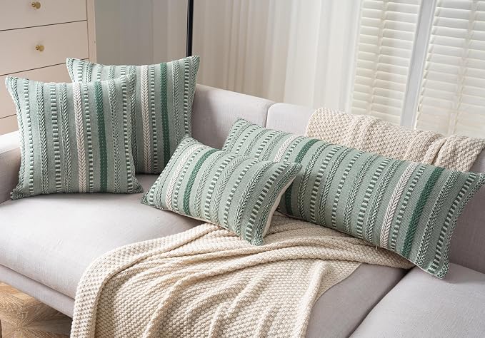 Cethom Boho Lumbar Pillow Covers 14x36 Long, Farmhouse Decorative Couch Pillow Cases, Light Green Accent Pillows of Bed, Sofa Bedroom Living Room Home Decor Cushion Cover, Pack of 1