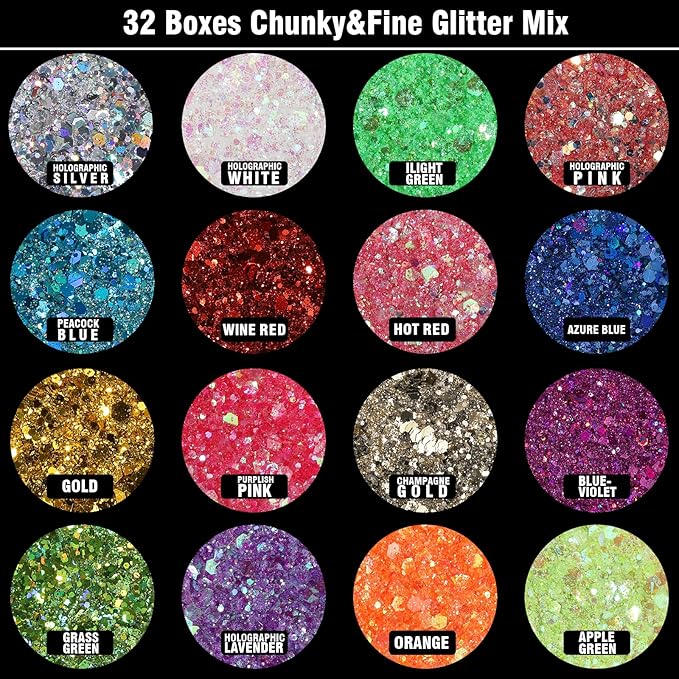 Festival Chunky and Fine Glitter Powder Mix, Teenitor 32 Colors Chunky Sequins, Iridescent Glitter Flakes, Cosmetic Face Body Eye Hair Nail Art Resin Tumbler Loose Glitter