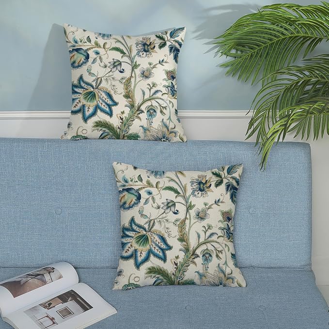 Blue Green Pillow Covers 20x20 Set of 2 Sage Green Chinoiserie Floral Throw Pillows Boho Vintage Flowers Decorative Pillowcase Outdoor Chinoiserie Decor Farmhouse Cushion Case for Couch Sofa