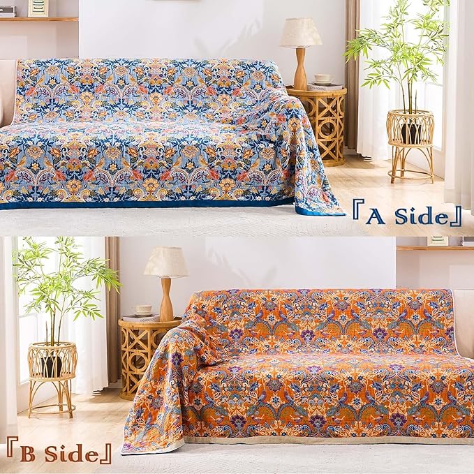 XIBLC Boho Throw Blanket for Bed, 100% Cotton Soft Rustic Quilt Fall Blanket, 90"x98" Floral Printed Farmhouse Decor Bed Blankets, All Season Rustic Reversible Bohemian Throw Quilt