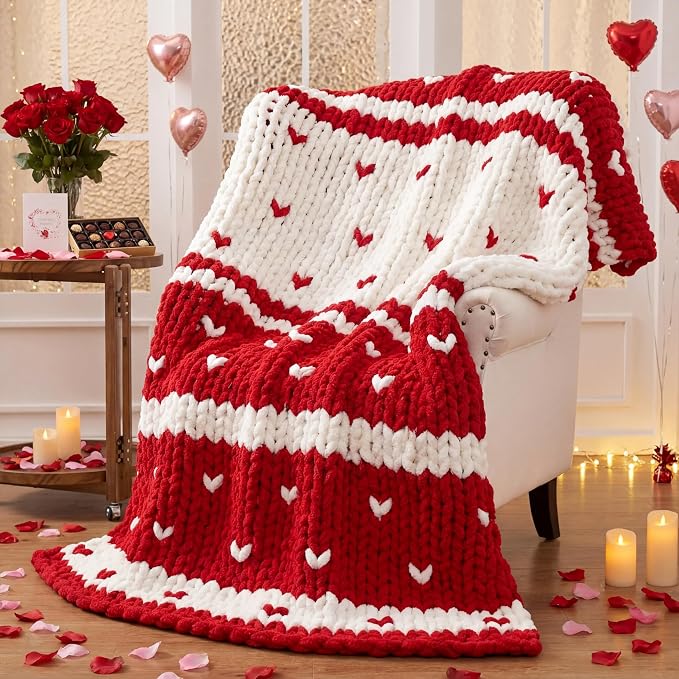 Valentine's Day Heart Chunky Knit Throw Blanket 50" x 60",Red | Large Handmade Chenille Loop Yarn Fluffy, Soft Knitted Throw, Big Cozy Thick Cable Knit Crochet Blanket, for Couch Sofa Bed