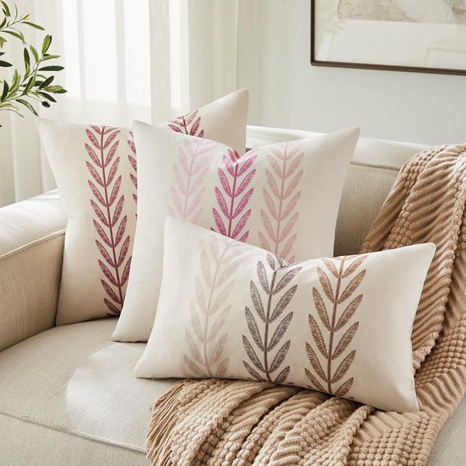 Farmhouse Leaves Throw Pillow Covers Set of 2, 18x18in Mixed Brown | 100% Organic Cotton, Rustic Accent Print Pillow Case, Pastoral Decorative Cushion Covers for Sofa Bed Living Room Home Decor