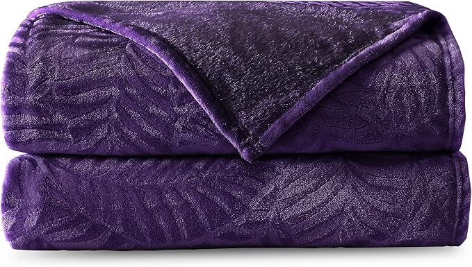 Super Soft Flannel Fleece Throw Blanket, 60 x 80 Inches, Aubergine | Lightweight Cozy Warm Leaves Textured Plush Blanket for Bed Couch Sofa