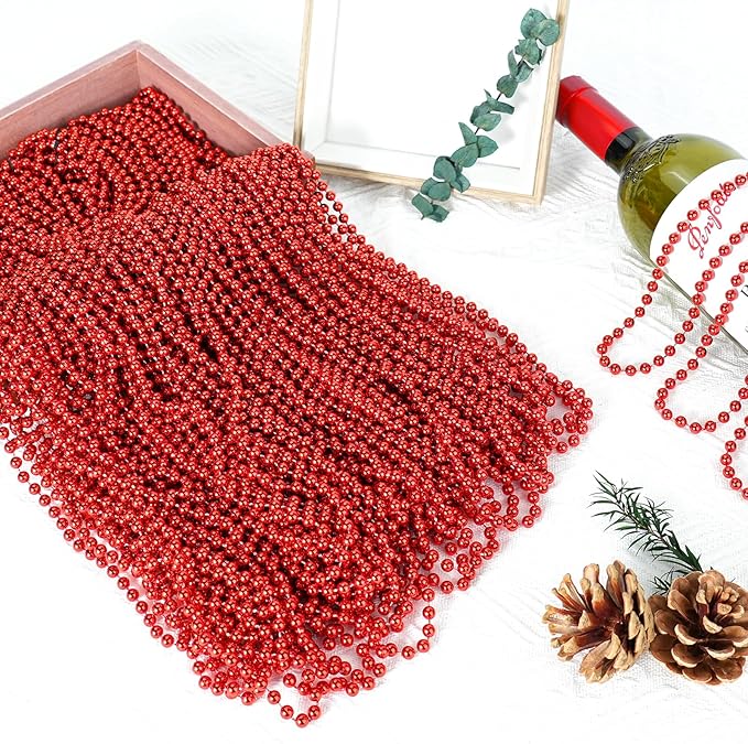 SHAOQINLIN 12 PCS Red Mardi Gras Beads, Red Beads Necklaces Christmas Necklace, 33" Metallic Party Bead Necklace for Valentines Christmas Parade Throws Wedding Birthday Party Favors