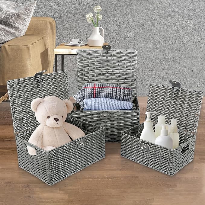 Honygebia Grey Wicker Storage Baskets - Set of 3 Decorative Nesting Boxes with Lids, Woven Basket with Lock & Handle, Organizer for Beauty Makeup Bathroom Decor