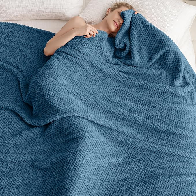 Blue Soft Fleece 300GSM Large Queen Blanket for Couch Cozy Flannel Room Decorative Blankets, Lightweight Plush Blanket for Bed Sofa, 90x90
