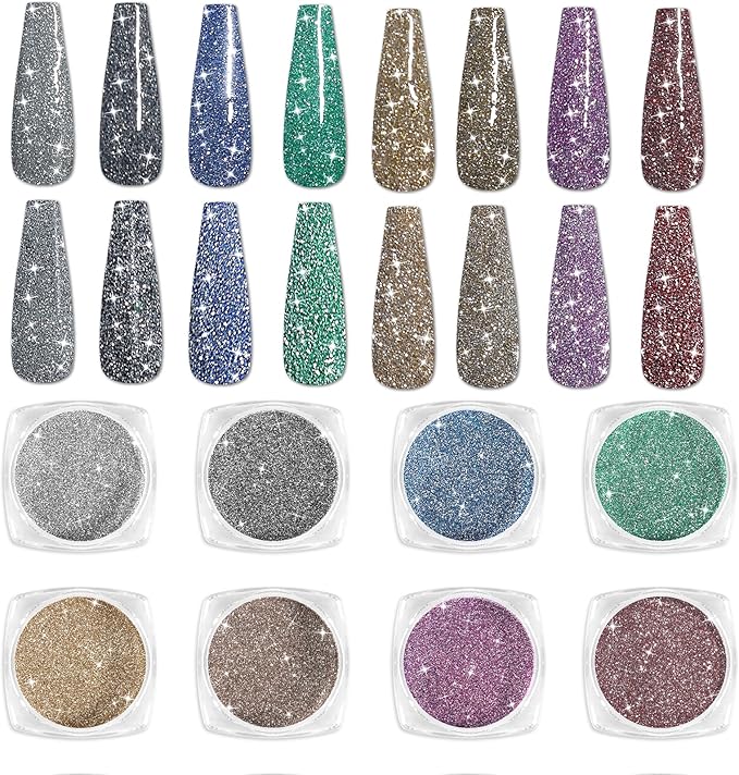 Laza 8 Colors Korea Diamond Nail Powder Sparkling Crystal Glitter Holographic Nail Glitter Dust Laser Silver Mirror Effect Bright Shining Flakes for Acrylic Nails Polish Nail Art DIY Decoration