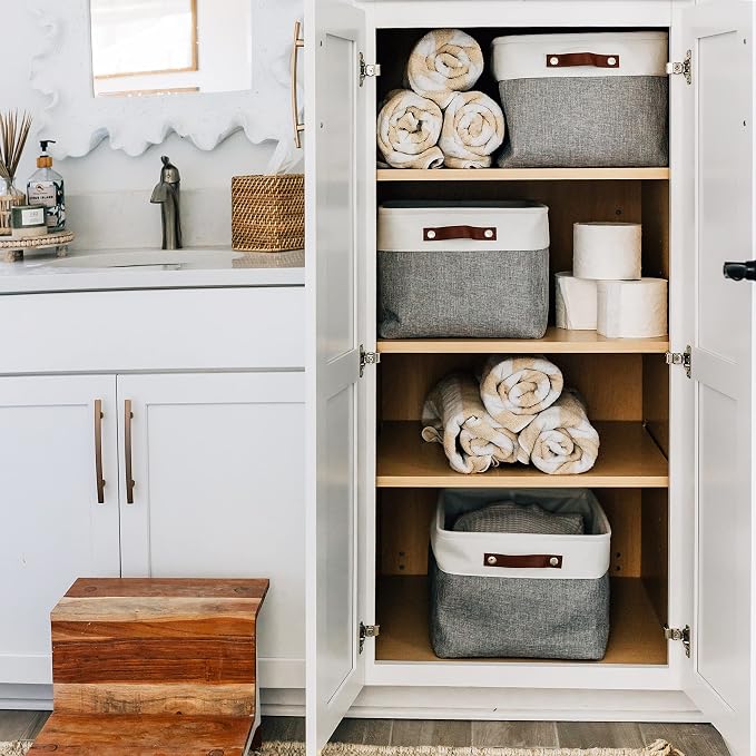 OrganiHaus 16x12.5in Storage Baskets, 3 Pack - Fabric Bins for Shelves | Vegan leather handles; a decorative linen closet organizer, towel and clothes container