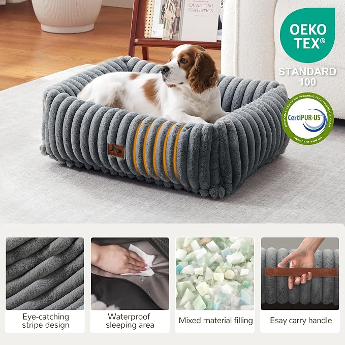 Washable Dog Bed Small Medium Size Dog, Rectangle Orthopedic Pet Bed for Car and Indoor,Fluffy Memory Foam Dog Beds with Anti-Slip Bottom, Grey (25x21x7 inches)