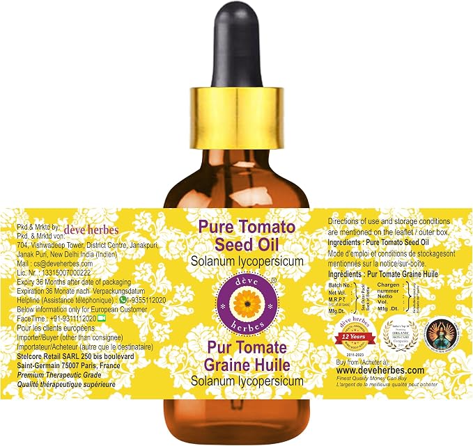 Deve Herbes Tomato Seed Oil (Solanum lycopersicum) with Glass Dropper | Cold Pressed | Pure | Natural | For Diluting Essential oils | For Skin & Massage | Non-Sticky| Lightweight| Unisex | 30ml (1 oz)