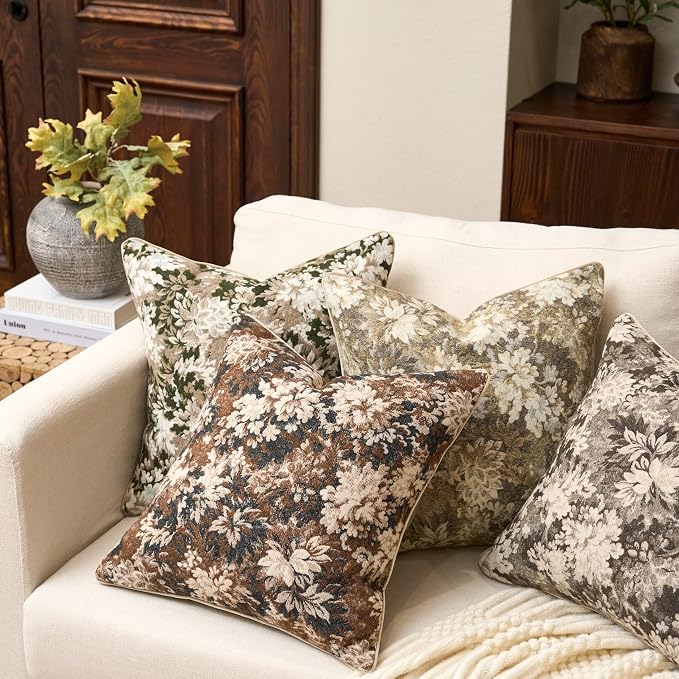 Neutral Floral Pillow Cover 12 x 20 Inches, Vintage Chenille Rectangle Throw Pillow Cover Soft Decorative Farmhouse Accent Couch Pillow Cover for Living Room Bedroom, Grey