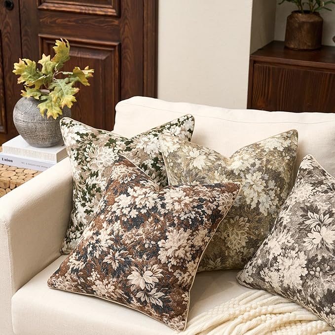 Neutral Floral Pillow Cover 24 x 24 Inches, Vintage Chenille Square Throw Pillow Cover Soft Decorative Farmhouse Accent Couch Pillow Cover for Living Room Bedroom, Grey