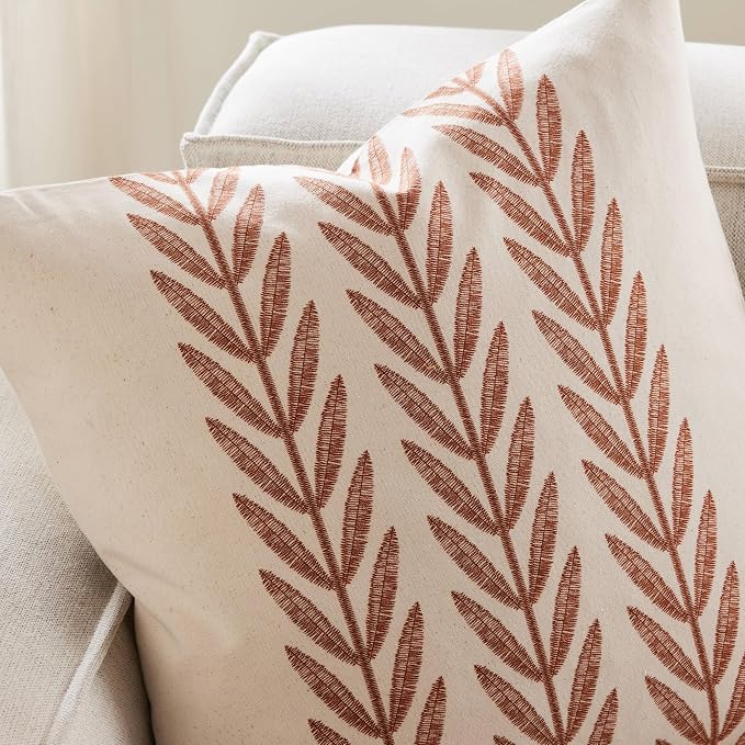 Farmhouse Leaves Throw Pillow Covers Set of 2, 16x16in Terracota | 100% Organic Cotton, Rustic Accent Print Pillow Case, Pastoral Decorative Cushion Covers for Sofa Bed Living Room Home Decor