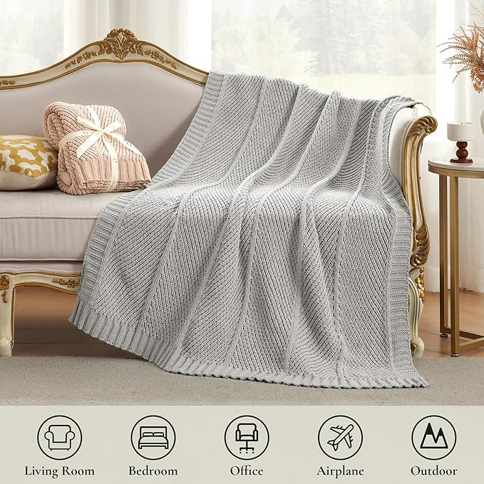 Knit Throw Blanket, Soft Chenille Cozy Breathable Chevron Chunky Decorative Blanket for Couch, Bed & Sofa, French-Inspired Lightweight Warm Gift for Women, Light Gray, 50"x60"