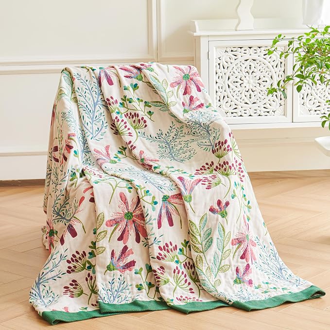 VANJOROY Boho Throw Blanket, 100% Organic Cotton Breathable Ultra Soft 50" x 60" Bed Quilt Throw - All Season Floral Rustic Farmhouse Decor Luxury Reversible Blanket for Sofa Couch Chair and Gift