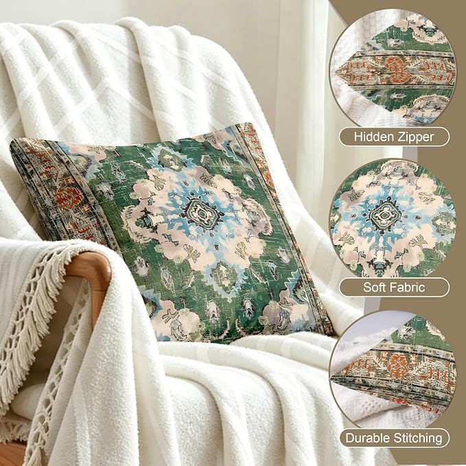 Boho Throw Pillow Covers 18x18 inch Set of 2, Soft Pillowcases Bohemia Carpet Printing Pattern Decorative Sofa Living Room Bed Square Pillow Case Cushion Cover-Green