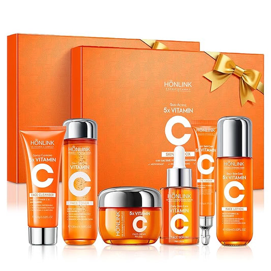 2 Box Glown 6-Piece Hydrating Skincare Set with Vitamin C & Niacinamide,HONLINK Face Care Kit Includes Toner, Faical Serum,Cleanser,Moisturizer, Eye Cream & Body Lotion (Face Set x 2)