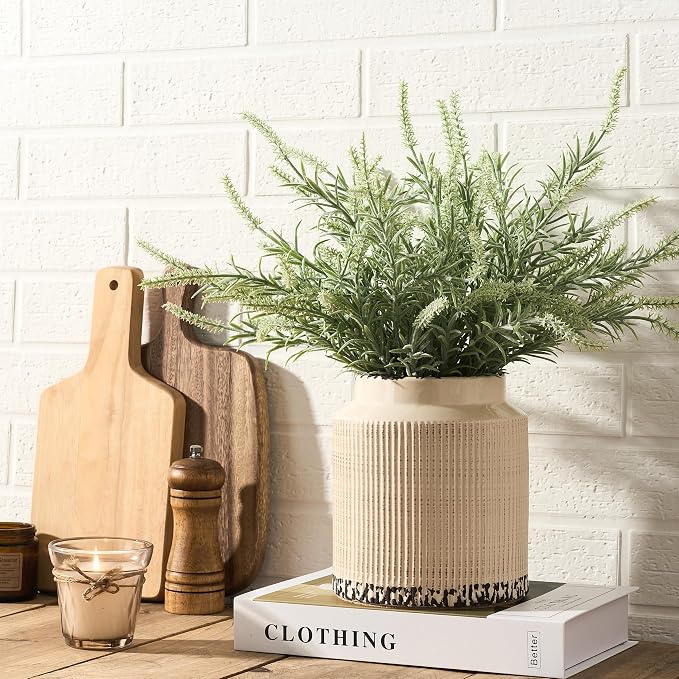 SIDUCAL Ceramic Vintage Rustic Terracotta Vase, 6.77 Inch Farmhouse Decorative Pottery Vase Wide-Mouth Vases for Home Decor, Living Room, Bookshelf, Bedroom, Bathroom, Kitchen, Antique Beige