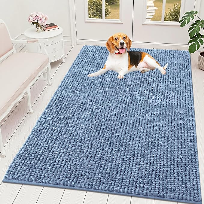 OLANLY Dog Door Mat for Muddy Paws 59x35, Extra Absorbent Chenille Mud Mat | Airy Blue, Absorbs Moisture and Dirt, Non-Slip Machine Washable Doormat, Quick-Drying Indoor Entryway Floor Mat for Dogs