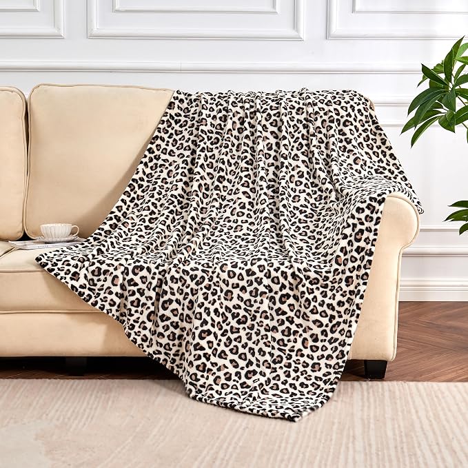Edenleaf Leopard Print Blanket Fleece Throw for Bed Sofa Travel and Camping, Super Soft Cozy Fluffy Plush Cheetah Print Blanket for All Seasons 50"x60" (Cream)