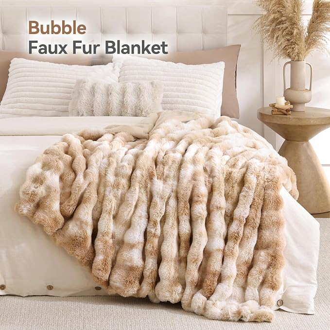 Faux Fur Throw for Couch - Tie-dye Camel Bubble Blanket 50"x60" | Fluffy Plush Fuzzy Throw for Sofa & Bed, Super Soft Cozy Comfrt Blanket, Luxury Aesthetic Camel Decor Gift for Women