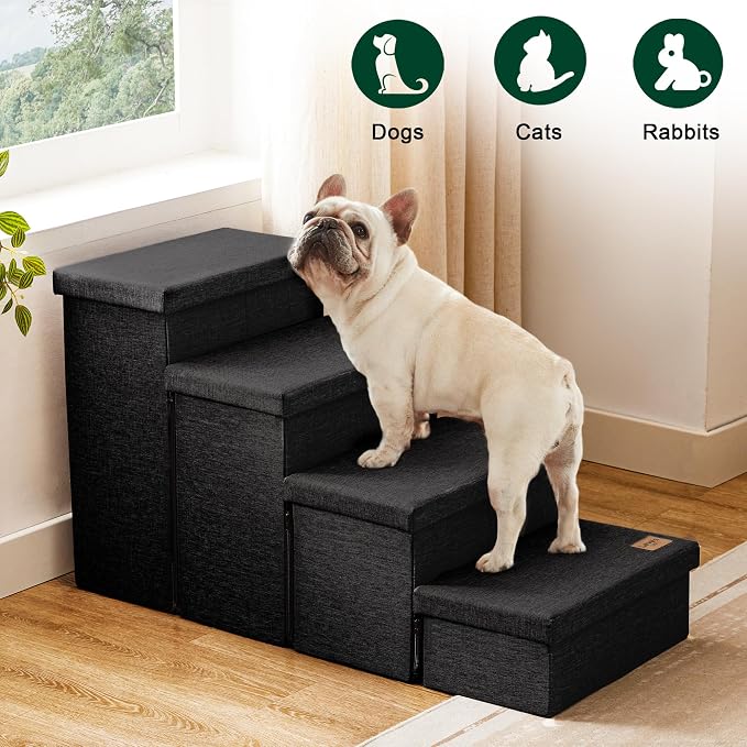 Love's cabin Dog Stairs for High Bed, Foldable Pet Stairs for Small Medium or Large Dogs Puppy with Storage for Bed or Couch, Cat Dog Steps Ramp with Zip up to 200 lbs, Black, 4 Steps