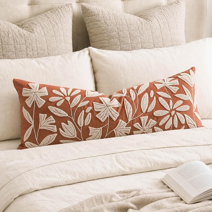 Long Lumbar Pillow Cover 14x36 for Bed, Rust Terracotta Floral Tufted Velvet Accent Oversize Throw Pillowcase for Bedroom, Cover Only