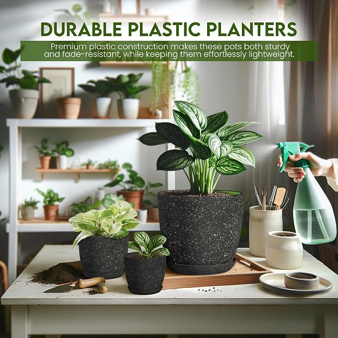 Plant Pots Indoor with Drainage 10 Pack Multi-Size Planters Spotty Black | Drainage holes included Multiple sizes 7/6.6/6/5.3/4.8 In Indoor plants and flowers Durable plastic construction