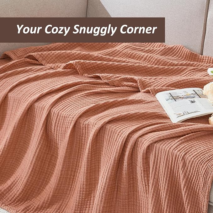 EMME Cotton Muslin King Blanket Bed Layering Breathable Gauze Blanket Soft Lightweight Blankets Adults (Orange Red, 108"x90")