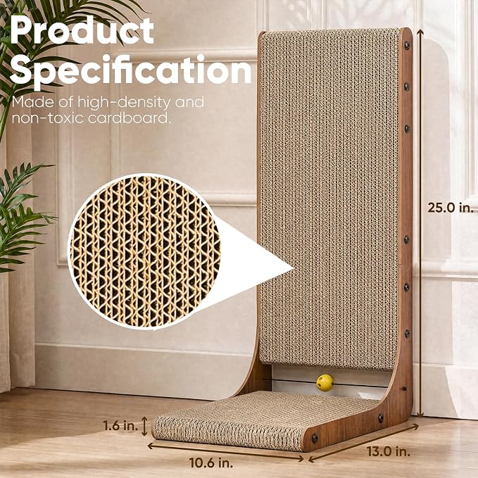 FUKUMARU Cat Scratcher 2 Packs, 25 Inch Cat Scratching Boards, L Shaped Pad | Cardboard Cat Scratcher for Indoor Cats, Vertical Scartch Pads with Ball Toy, Kitten Scratching Post Wall, Walnut Color