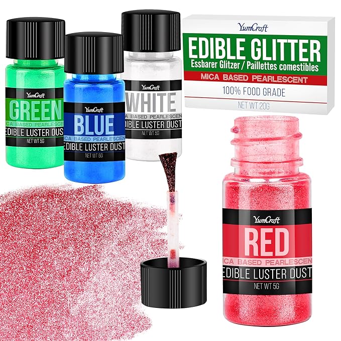 Edible Glitter Set, 4 Colors Luster Dust Edible Powder for Cake Decorating, Food Grade Vegan Edible Glitter for Drinks, Cocktails, Shimmering Glitters Food Coloring Powder for Chocolate(5g/Bottle)