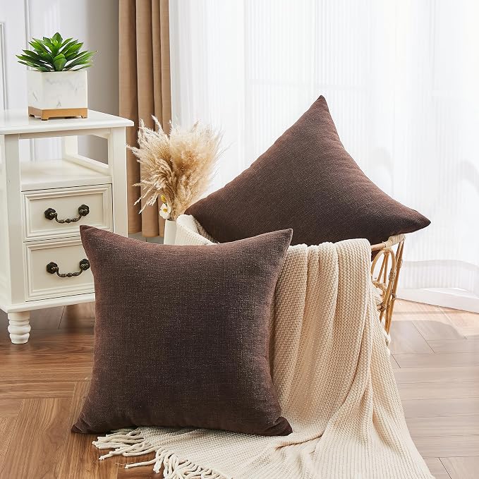 GAWAMAY Decorative Square Throw Pillow Covers 22x22 Inch Set of 2, Super Soft Chenille Pillows Farmhouse Fall Pillowcase for Living Room Bedroom Sofa Couch Cushion Cover Coffee 55x55cm (No Inserts)
