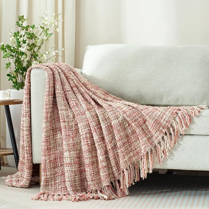 Multi-Color Cable Woven Throw Blanket for Couch - 50"X60" | Multicolored Boho Style,Super Soft Warm Cozy Chunky Blankets with Decorative Tassels for Bed and Sofa,Light Pink