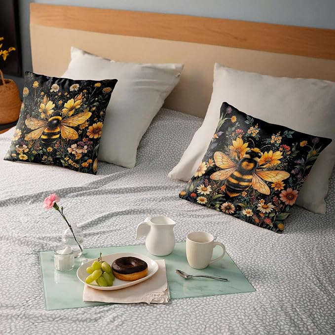 William Morris Inspired Wildflower Bumblebee Pillow Covers 18x18 Set of 2, Bee Lover Gifts, Dark Cottagecore Botanical Summer Honey Bee Decorative Throw Pillow Covers for Home Living Room