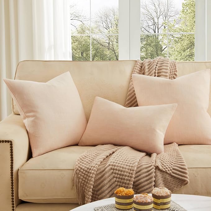 Rustic Linen Throw Pillow Covers Set of 2, Cream 20x20in | Textured Pillow Case, Rustic Cotton Linen Fabric, Modern Farmhouse Cushion Covers for Sofa Bed Living Room Home Decor