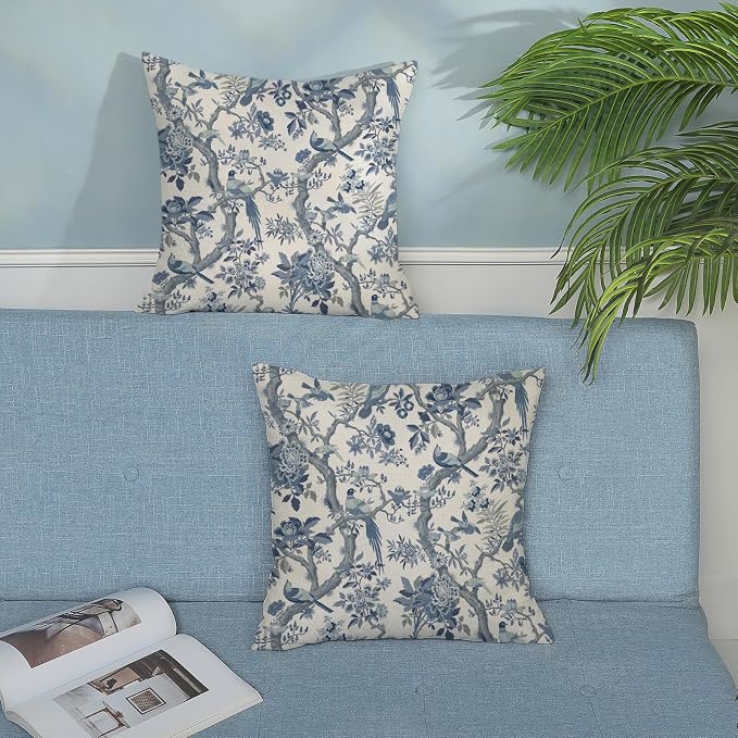 Chinoiserie Pillow Covers 16x16 Set of 2 Blue and White Bird Floral Throw Pillows Vintage Blue Flowers Decorations Outdoor Pillowcase Chinoiserie Decor Farmhouse Cushion Case for Couch Home