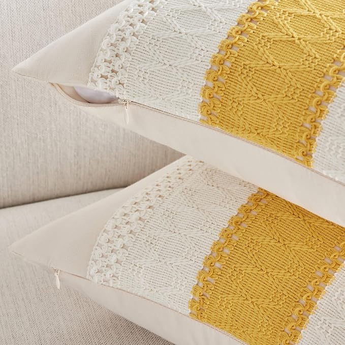 2 Pack Boho Throw Pillow Covers, Contrast Mustard 16x16in | Soft Breathable Cotton, Farmhouse Decorative Couch Pillow Cases, Cushion Covers for Sofa Bed Living Room Home Decor