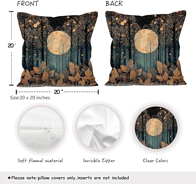 Vintage William Morris Inspired Gold Forest Moon Pillow Covers 18x18 Set of 2,Rustic Black and Gold Moon Landscape Nature Botanical Decorative Throw Pillow Covers for Home Bedroom Living Room